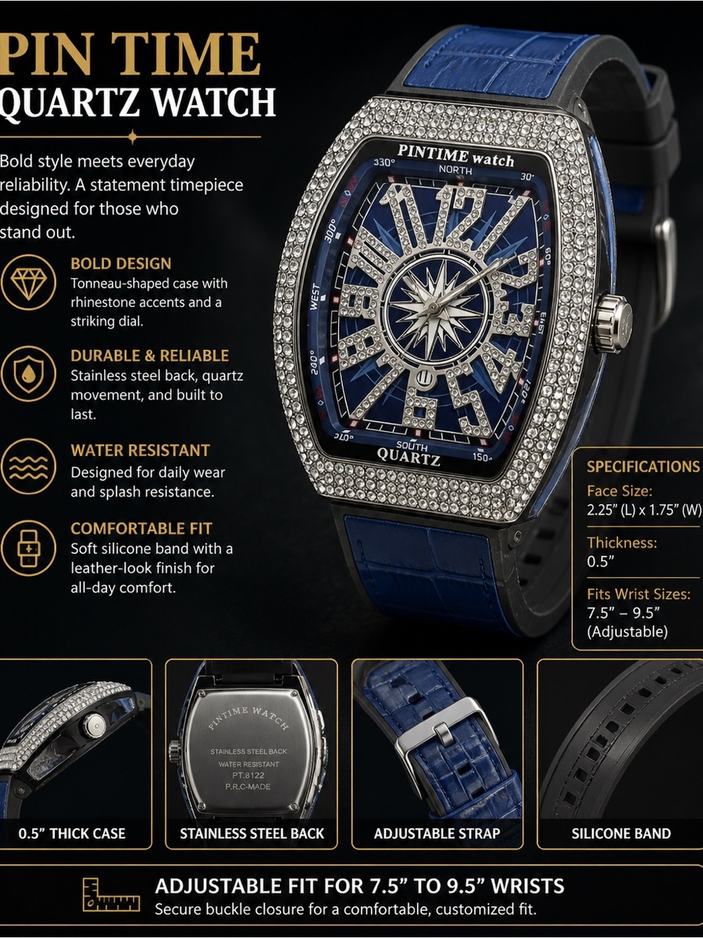 PINTIME Blue Crystal-Accented Tonneau Smartwatch
